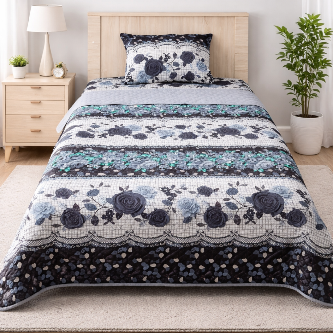Blue Noir Roses Bedspread